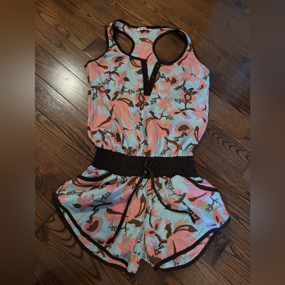 NWOT Floral Romper WITH POCKETS - Pink and Brown